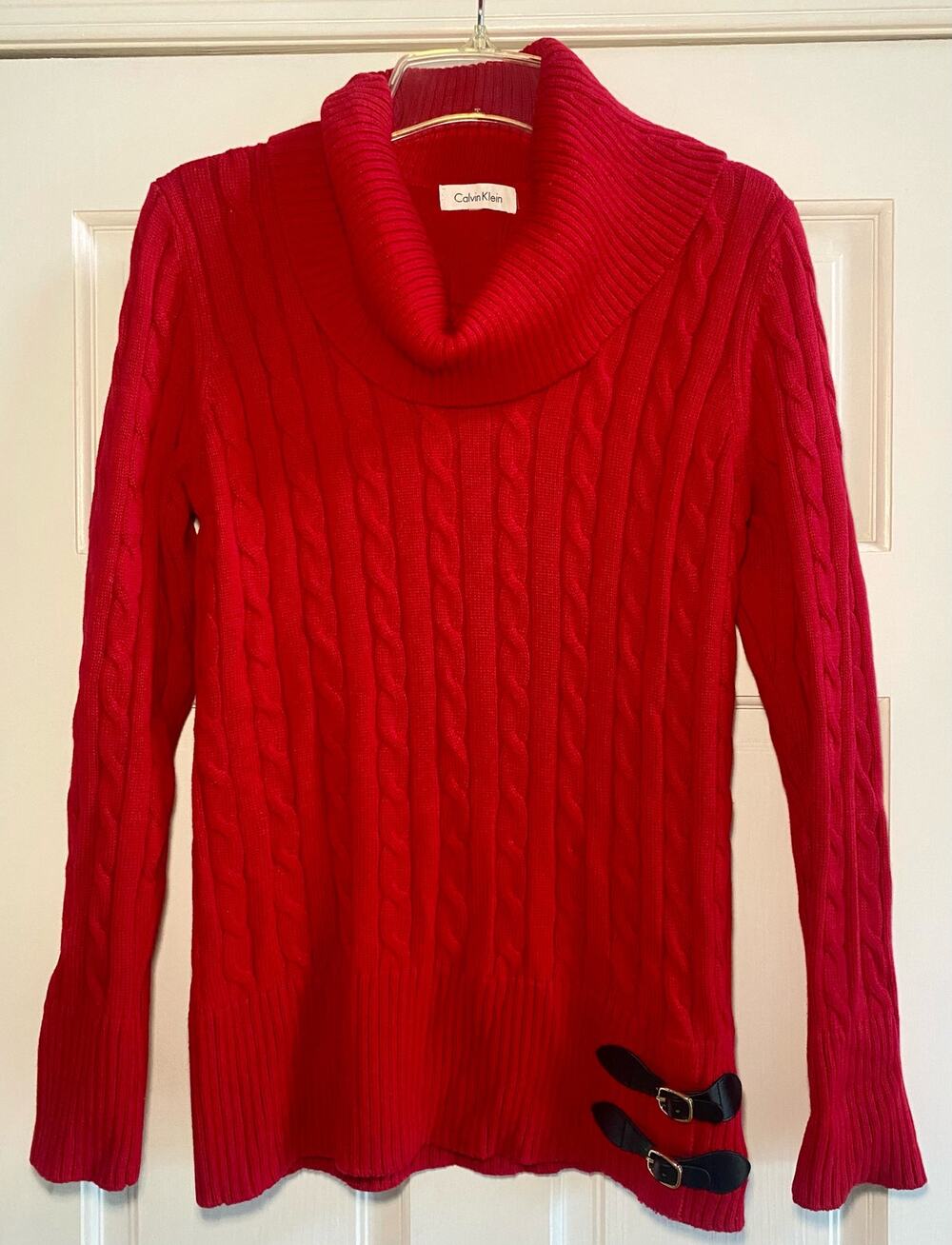Calvin Klein Womens Cable Knit Turtleneck Tunic Sweater Red Cotton